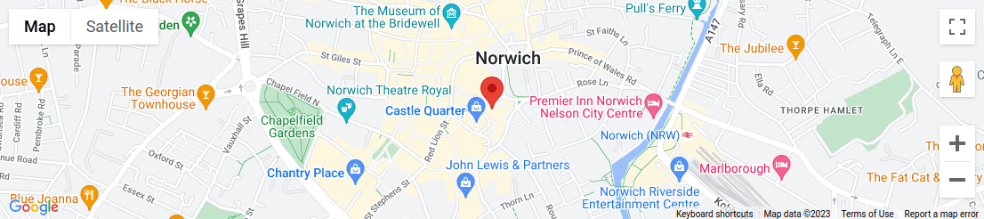 Map of area surrounding Castle Qtr, Rose Lane/Market Av parking, Norwich