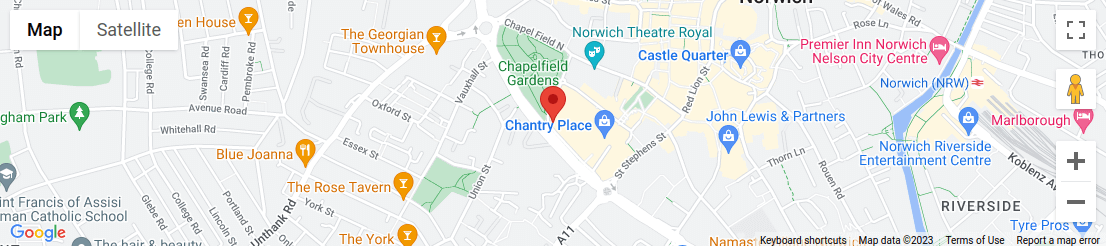 Map of area surrounding Chantry Place, Chapelfield Road, parking, Norwich