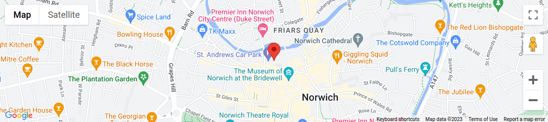 Map of area surrounding St. Andrews, Duke St, Norwich parking, Norwich