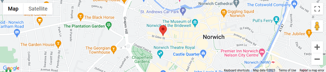 Map of area surrounding St. Giles, St. Giles Street, Nor parking, Norwich